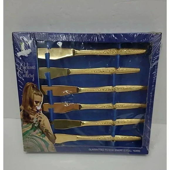 Vintage New Old Stock Lifetime Cutlery Golden Banquet Dinner Knives Set of 5 - Picture 1 of 5
